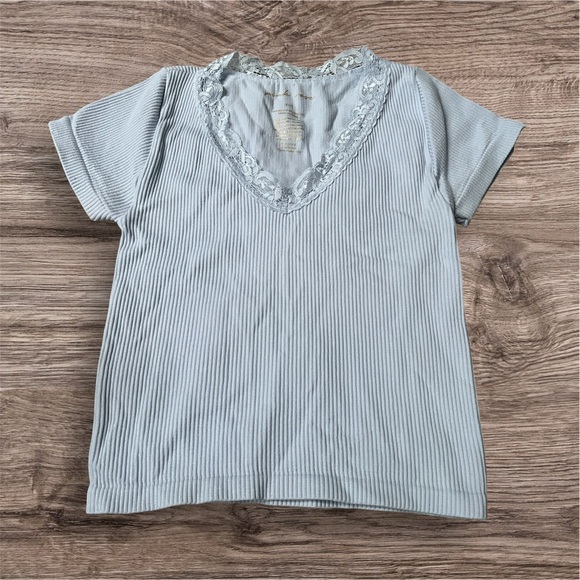 Light Blue Ribbed Lace Trim Top - Picture 1 of 4